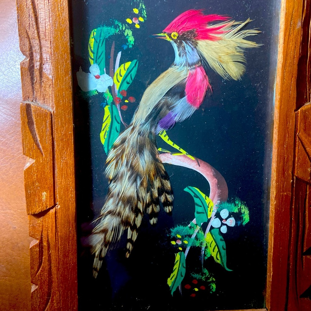 Vintage Mexico Hand Painted Exotic Birds with Real Feathers Wooden Frame…